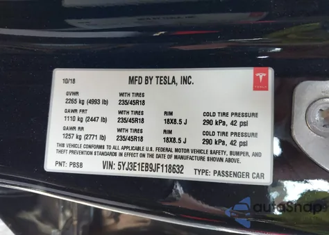 2018 Tesla Model 3 Long Range/Performance from USA, damaged, VIN 5YJ3E1EB9JF118632